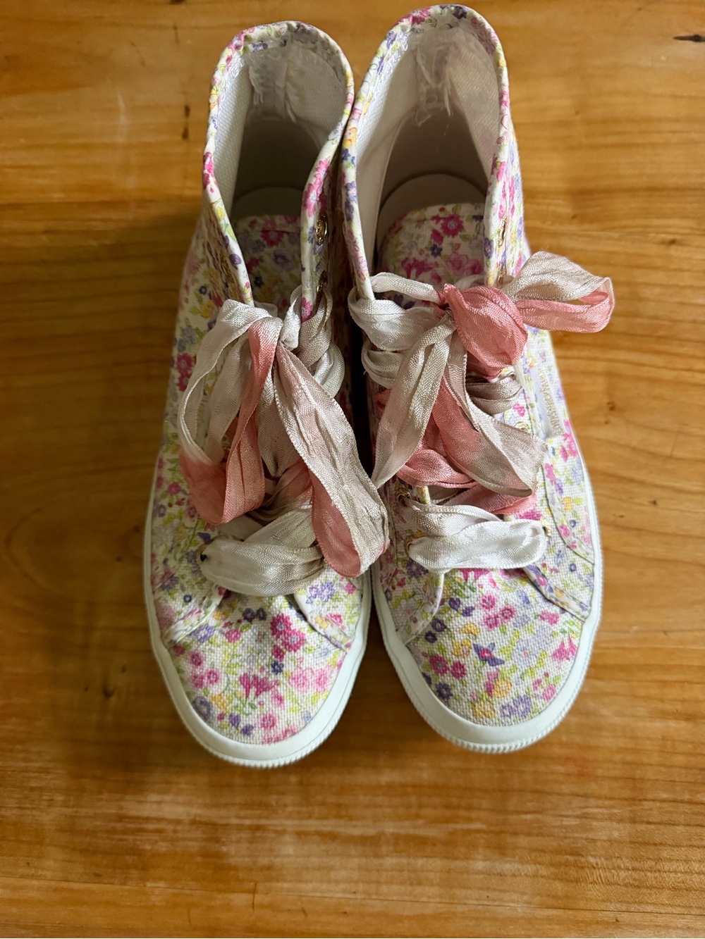 LoveShackFancy x Superga Women’s High-Tops 7.5 Pink & Cream with Ribbon Laces